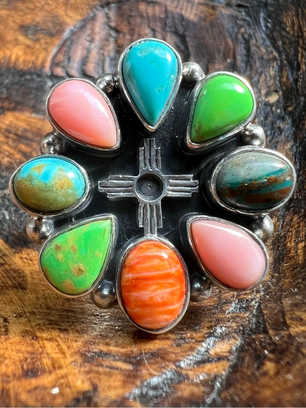Sterling Silver Multi Stone Zia Ring Kingman Turquoise Conch Spiny Oyster Sz 6